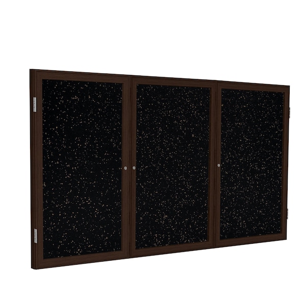 Enclosed Bulletin Board, 3 Door, Rcycl, Walnut Frm, 3 ft H x 6 ft W, Tan Spckd